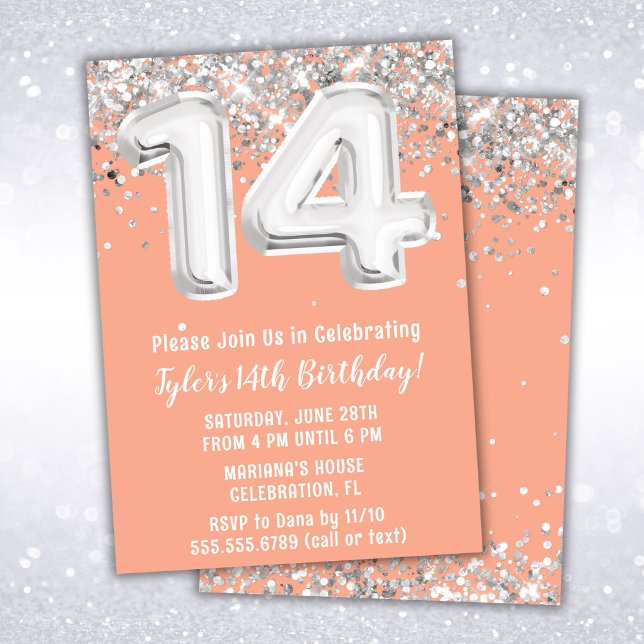Invitation Peach Silver 14th Birthday Party (Créateur téléchargé)