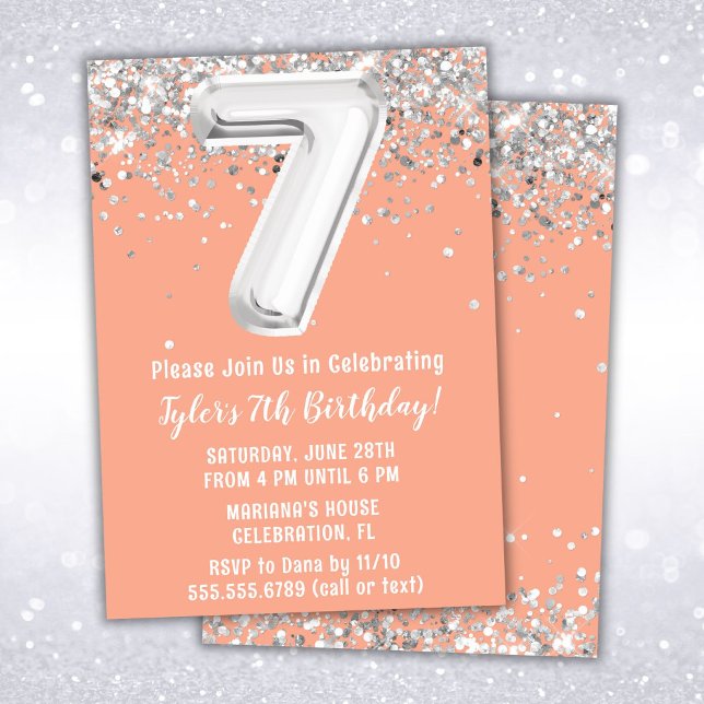 Invitation Peach Silver 7e fête d'anniversaire (Créateur téléchargé)