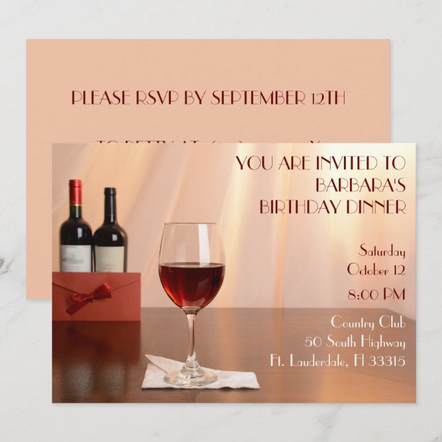 Invitation Peach Sophisticted Vin rouge fête d'anniversaire (Devant / Derrière)