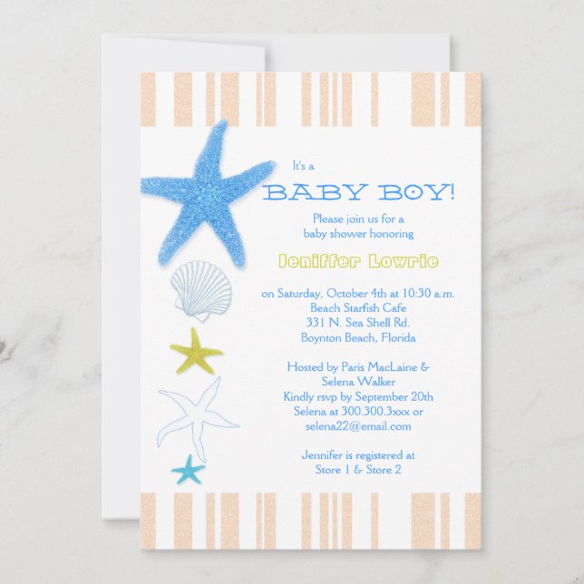 Invitation Peach Stripes Blue Beach Baby Baby shower (Devant)
