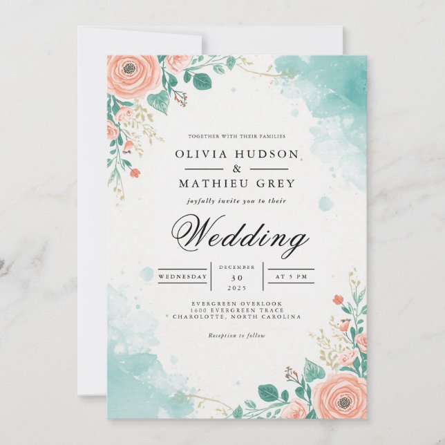 Invitation Peach Turquoise Floral Mariage (Devant)