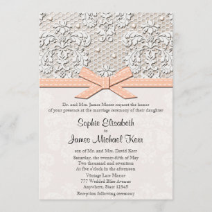 Invitation Peach Vintage Lace and Pearls Glamor Mariage