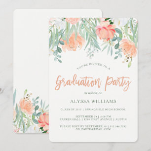 Invitation Peach Watercolor Floral Fête de l'obtention du d