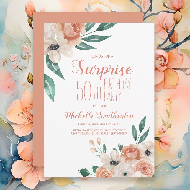 Invitation Peach Watercolor Floral Surprise 50e anniversaire (Elegant peach watercolor floral women's 50th birthday party invitation)
