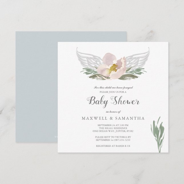 Invitation Peach Watercolor Florals Angel Wings Baby shower (Devant / Derrière)