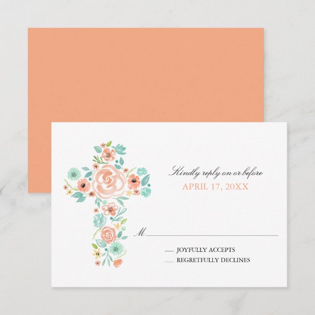 Invitation Peach Watercolor Flowers Cross First Communion (Devant / Derrière)