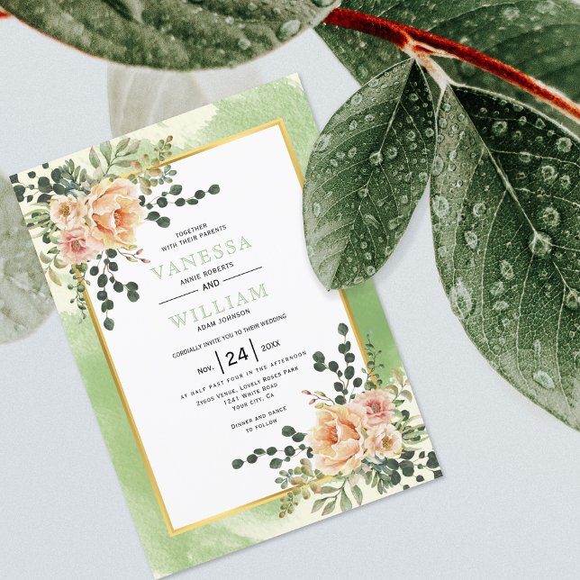 Invitation Peach watercolor flowers sage floral wedding (Créateur téléchargé)