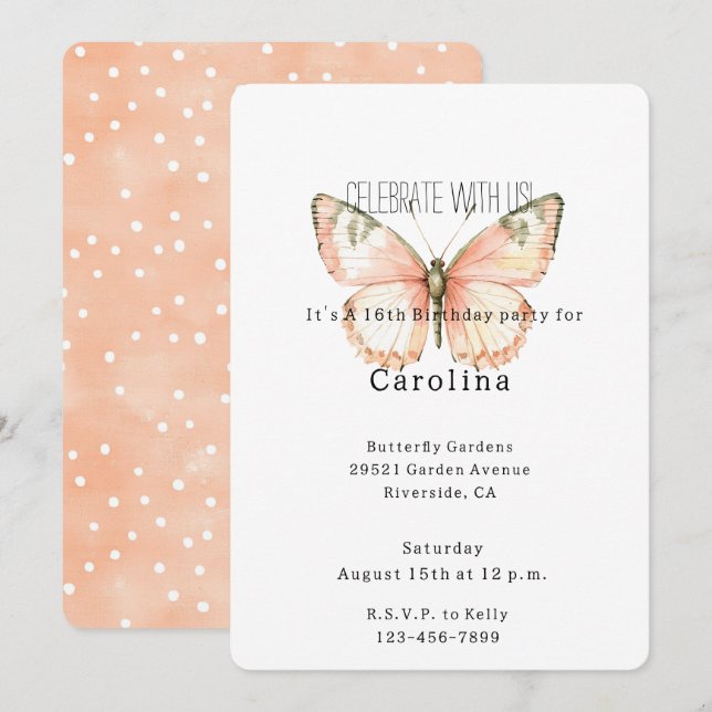 Invitation Peach White Dots Butterfly Birthday (Devant / Derrière)
