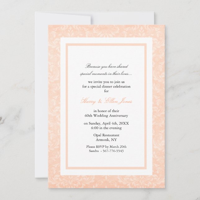 Invitation Peach & White Mariage damassé Anniversaire Invitat (Devant)