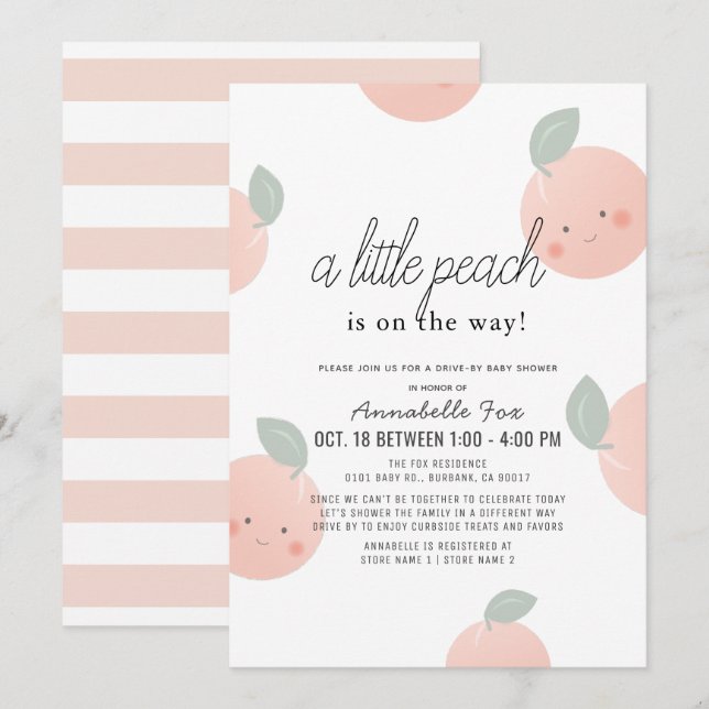 Invitation Peaches & Crème Cute Kawaii Baby shower Drive-by (Devant / Derrière)