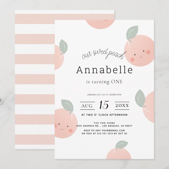 Invitation Peaches & Crème Cute Kawaii Fille 1er Anniversaire (Devant / Derrière)