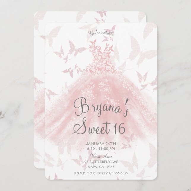 Invitation Peachy rose papillon Danser Robe Douce 16 Partie (Devant / Derrière)