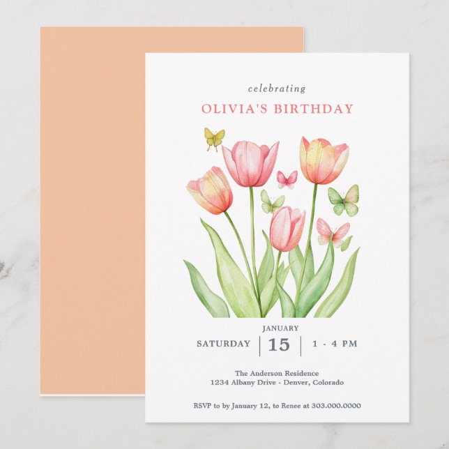 Invitation Peachy Watercolor Tulips Floral (Devant / Derrière)