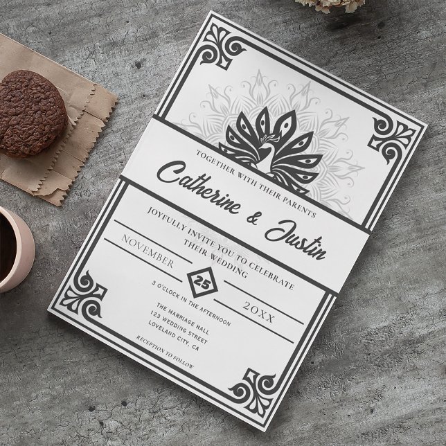 Invitation Peacock Art déco moderne Mariage noir et blanc (Créateur téléchargé)