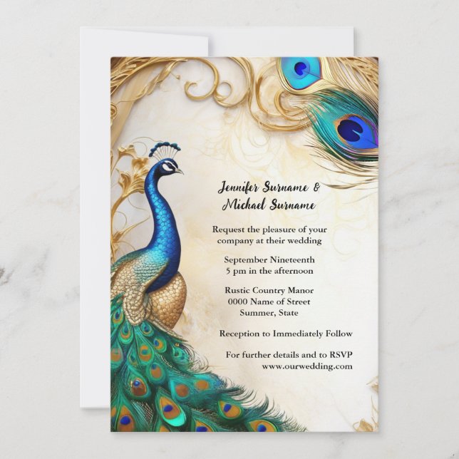 Invitation Peacock Art nouveau plumes luxe oiseau indien (Devant)