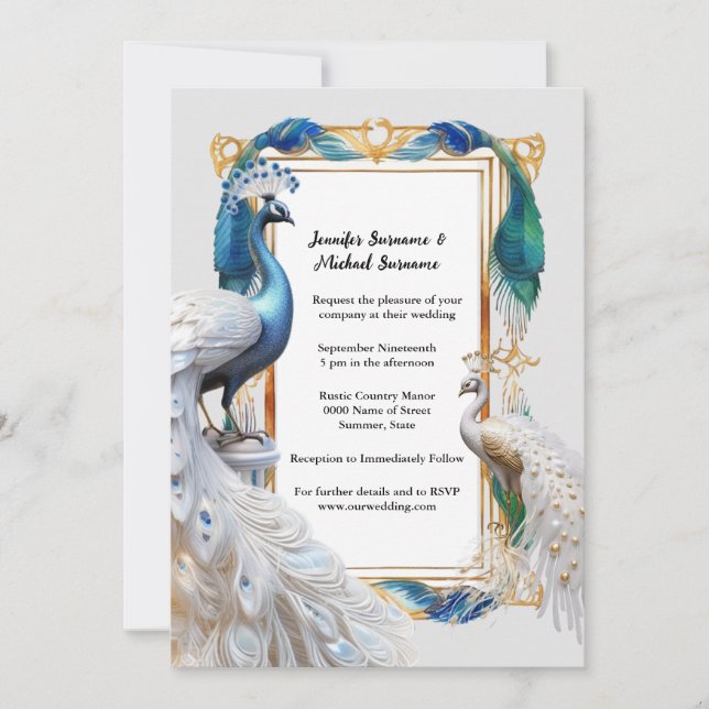 Invitation Peacock blanc turquoise cadre décoratif Art nouvea (Devant)