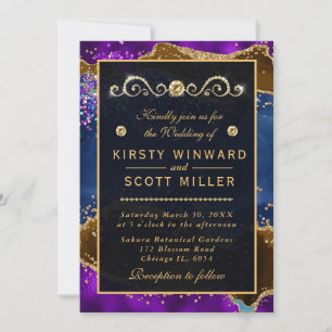 Invitation Peacock bleu & violet Agate & or parties scintilla