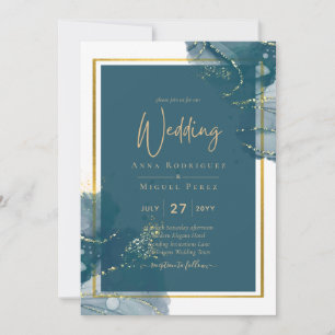 Invitation Peacock Blue Gold Alcohol ENK Chic Wedding Invitat