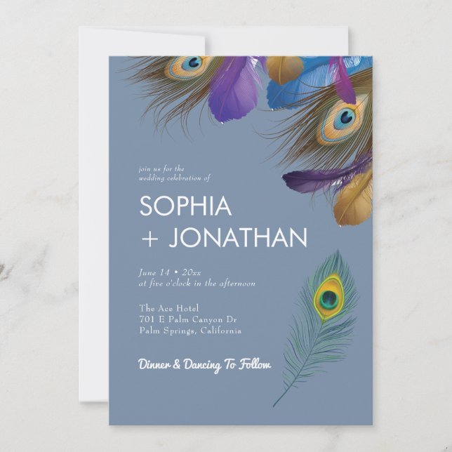 Invitation Peacock Feather Dusty Blue Mariage moderne chic (Devant)