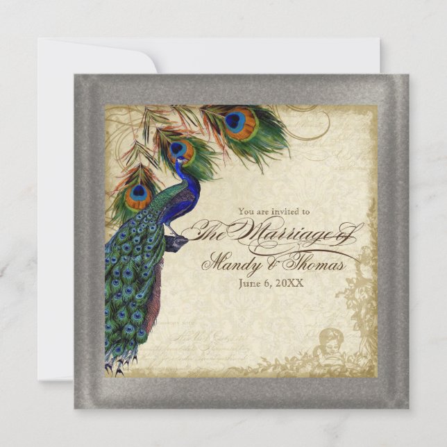 Invitation Peacock & Feather Formel Mariage Argent Métallique (Devant)