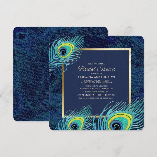 Invitation Peacock Feather Marine Blue Gold Fête des mariées (Devant / Derrière)