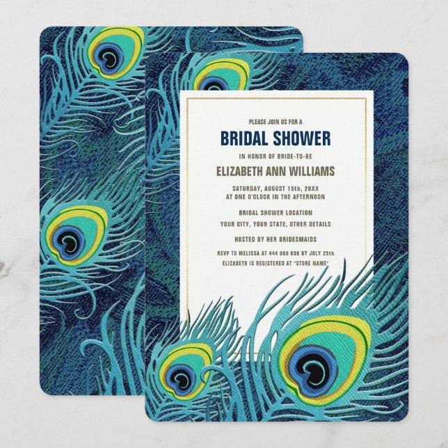 Invitation Peacock Feather Marine Blue Gold Fête des mariées (Devant / Derrière)
