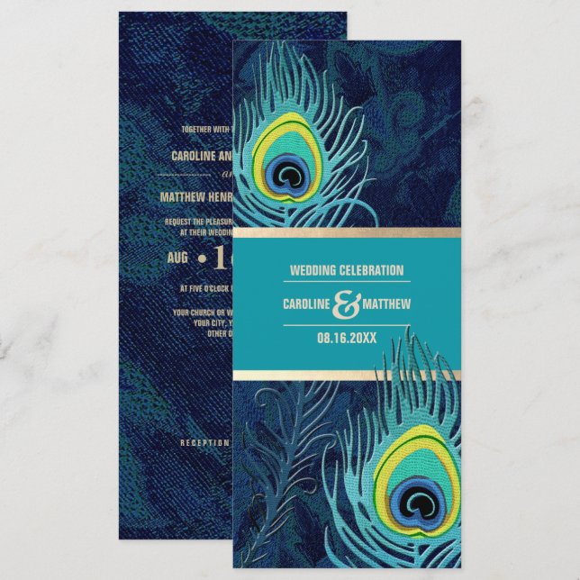 Invitation Peacock Feather Marine Blue Turquoise Gold Mariage (Devant / Derrière)