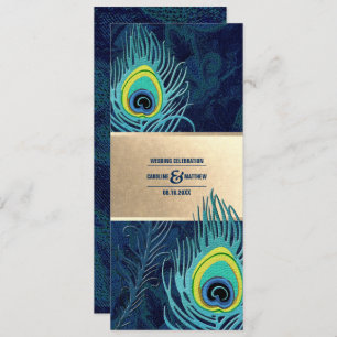 Invitation Peacock Feather Marine Blue Turquoise Gold Mariage