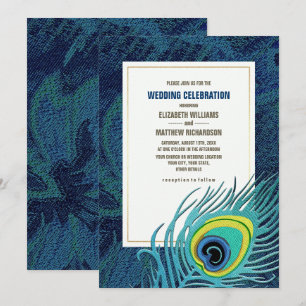 Invitation Peacock Feather Marine Mariage d'or bleu
