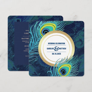 Invitation Peacock Feather Marine Mariage d'or bleu