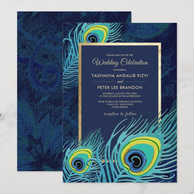 Invitation Peacock Feather Marine Mariage d'or bleu (Devant / Derrière)