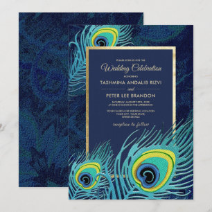 Invitation Peacock Feather Marine Mariage d'or bleu