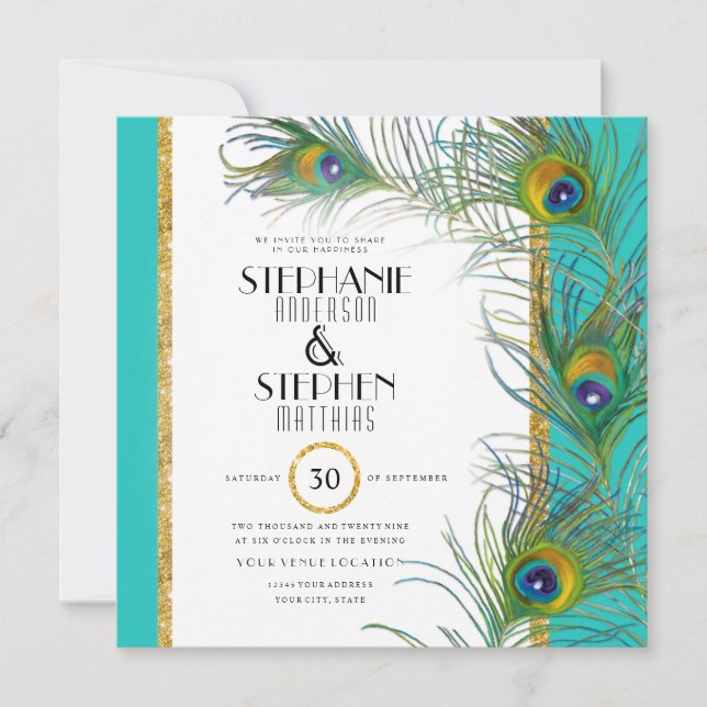 Invitation Peacock Feather Moderne Art Déco Typographie Maria (Devant)