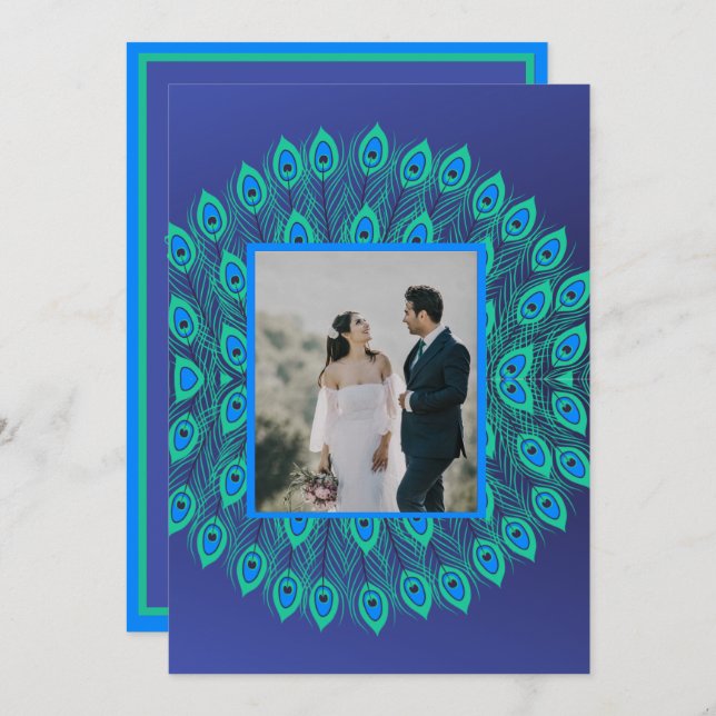 INVITATION PEACOCK FEATHER MOTIF PATTERNEL BLEU VERT (Devant / Derrière)