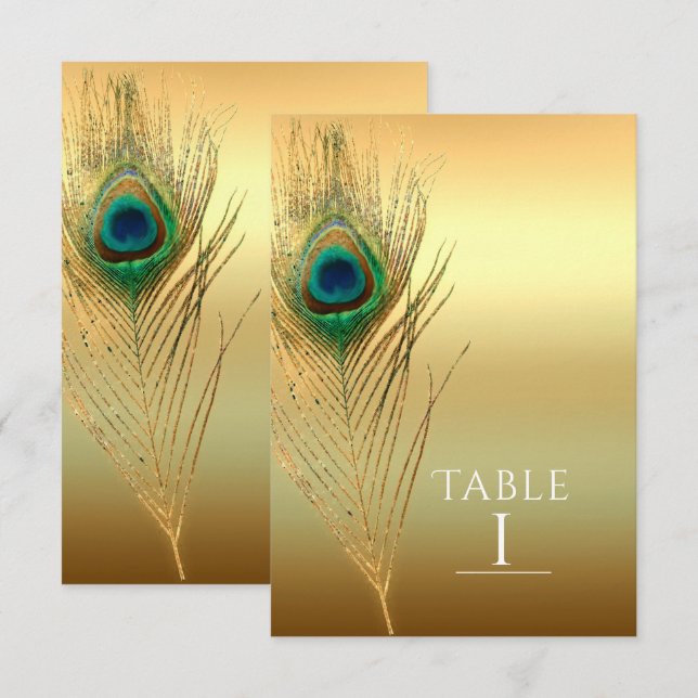 Invitation Peacock Feather Or Exotic Boho Chic Numéro de tabl (Devant / Derrière)