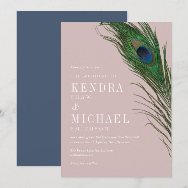Invitation Peacock Feather Poise Peach Thème Mariage Inviter (Devant / Derrière)