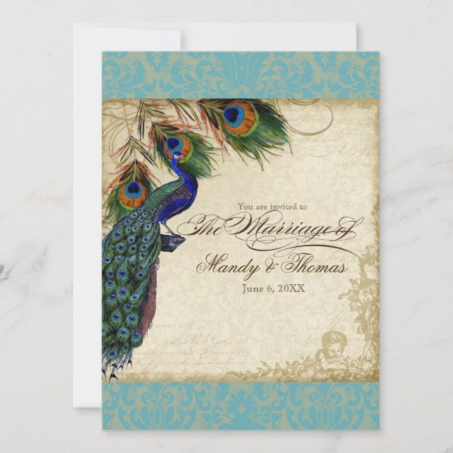 Invitation Peacock & Feathers Mariage formel Inviter Aqua Blu (Devant)