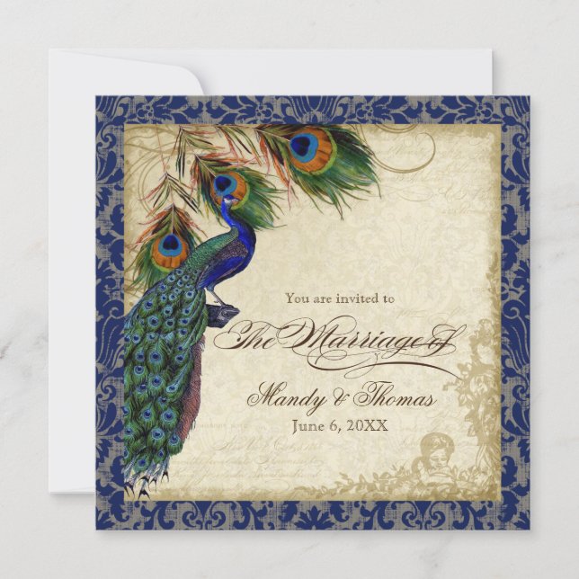 Invitation Peacock & Feathers Marine Blue Lace Mariage Carré (Devant)