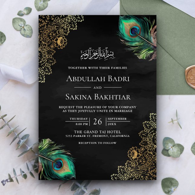 Invitation Peacock Feathers QR Code Mariage musulman noir (Créateur téléchargé)