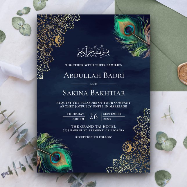 Invitation Peacock Feathers QR Code Marine bleu Mariage musul (Créateur téléchargé)