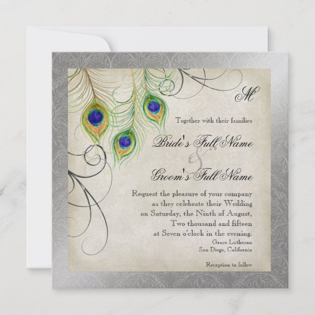 Invitation Peacock Feathers Silver Mariage damassé papeterie (Devant)