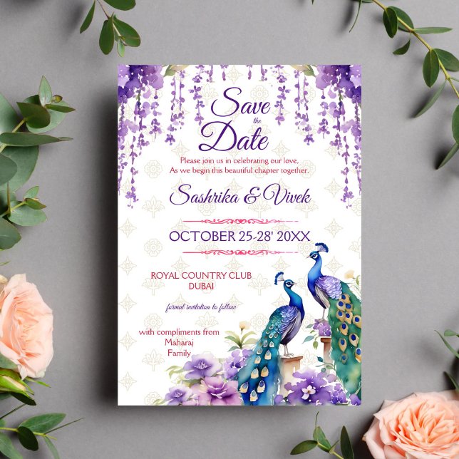 Invitation Peacock fleur violet mariage indien enregistrer la (Purple peacock Indian wedding save the date card editable template digital download lilac jasmine)