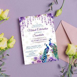 Invitation Peacock fleurs violettes Mehndi mariage indien