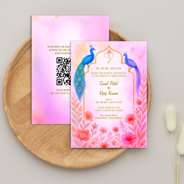 Invitation Peacock Floral Indien Hindu Mariage QR Code (Créateur téléchargé)