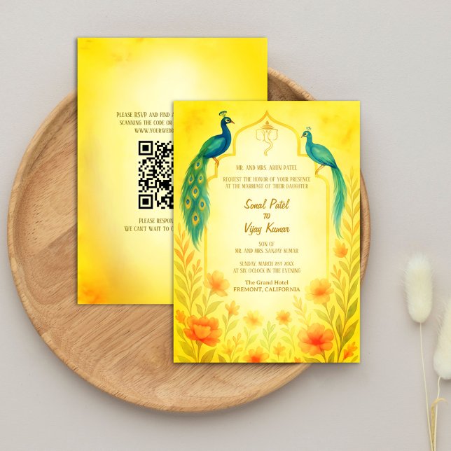 Invitation Peacock Floral Indien Hindu Mariage QR Code (Créateur téléchargé)