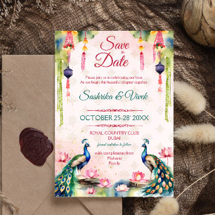 Invitation Peacock lotus mariage indien enregistrer la date