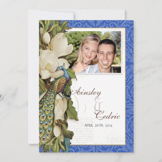 Invitation Peacock Magnolia Floral Swirl Mariage damassé (Devant)