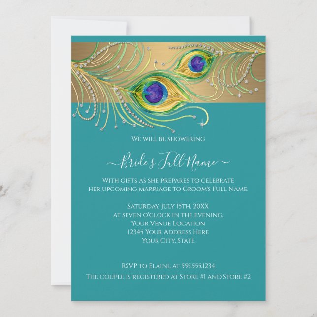 Invitation Peacock moderne plumes Faux Jewel Fête des mariées (Devant)