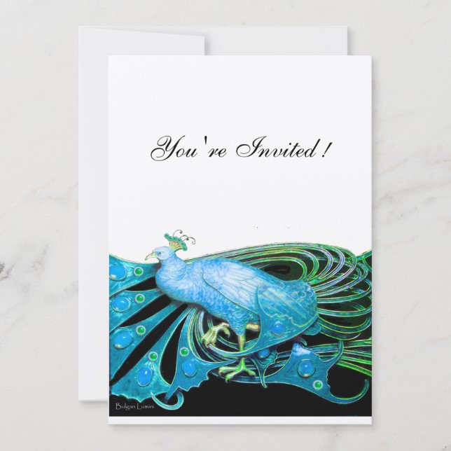 Invitation PEACOCK noir, champagne bleu papier métallique (Devant)