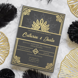 Invitation Peacock or et Mariage noir Art déco moderne